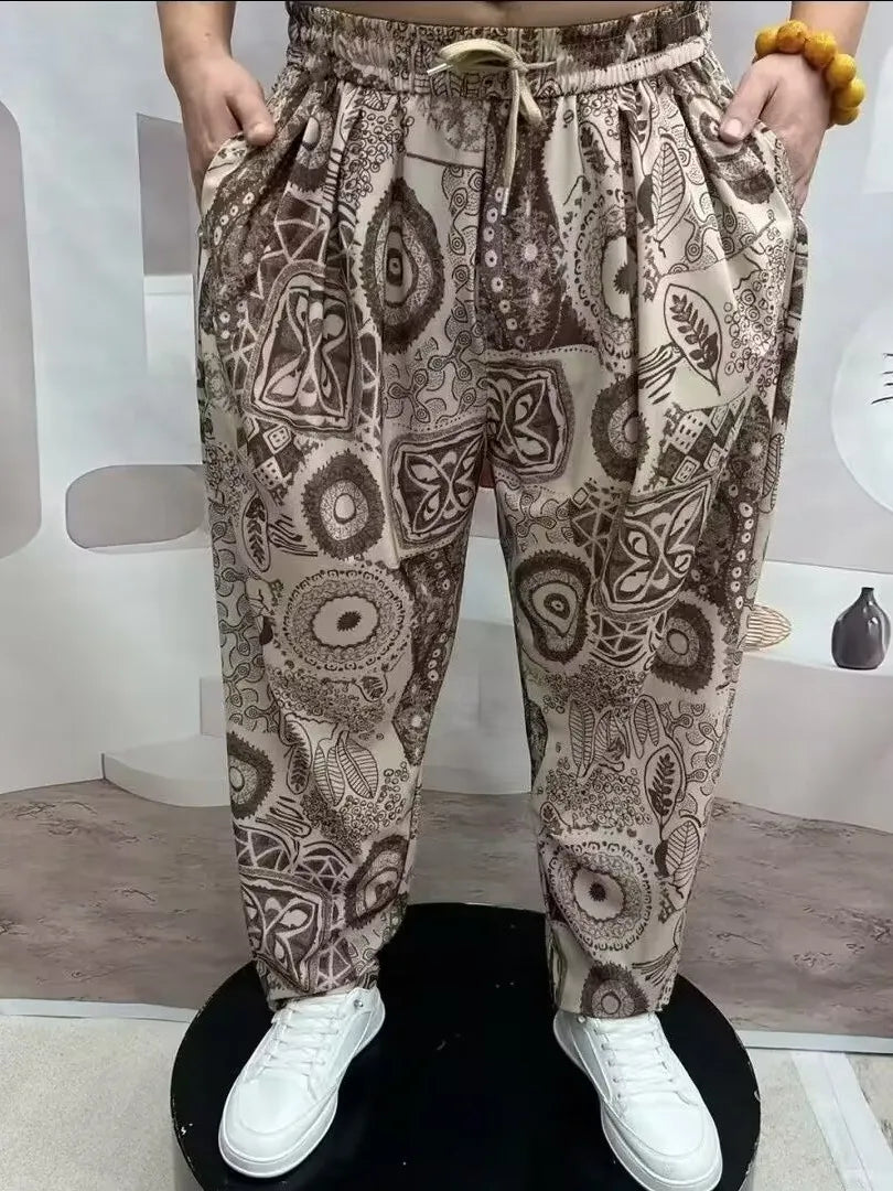 High-End Casual Harem Pants for Men Loose Comfortable Slimming Printed Polyester Fiber Summer Cool Sensation Faion Brand