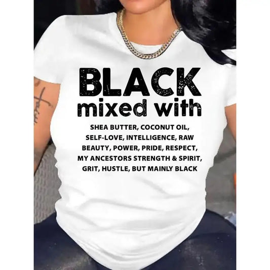 Letter Print Crew Neck T-Shirt, Short Sleeve Casual T-Shirt For Spring & Summer, Women's Clothing Blended Material
