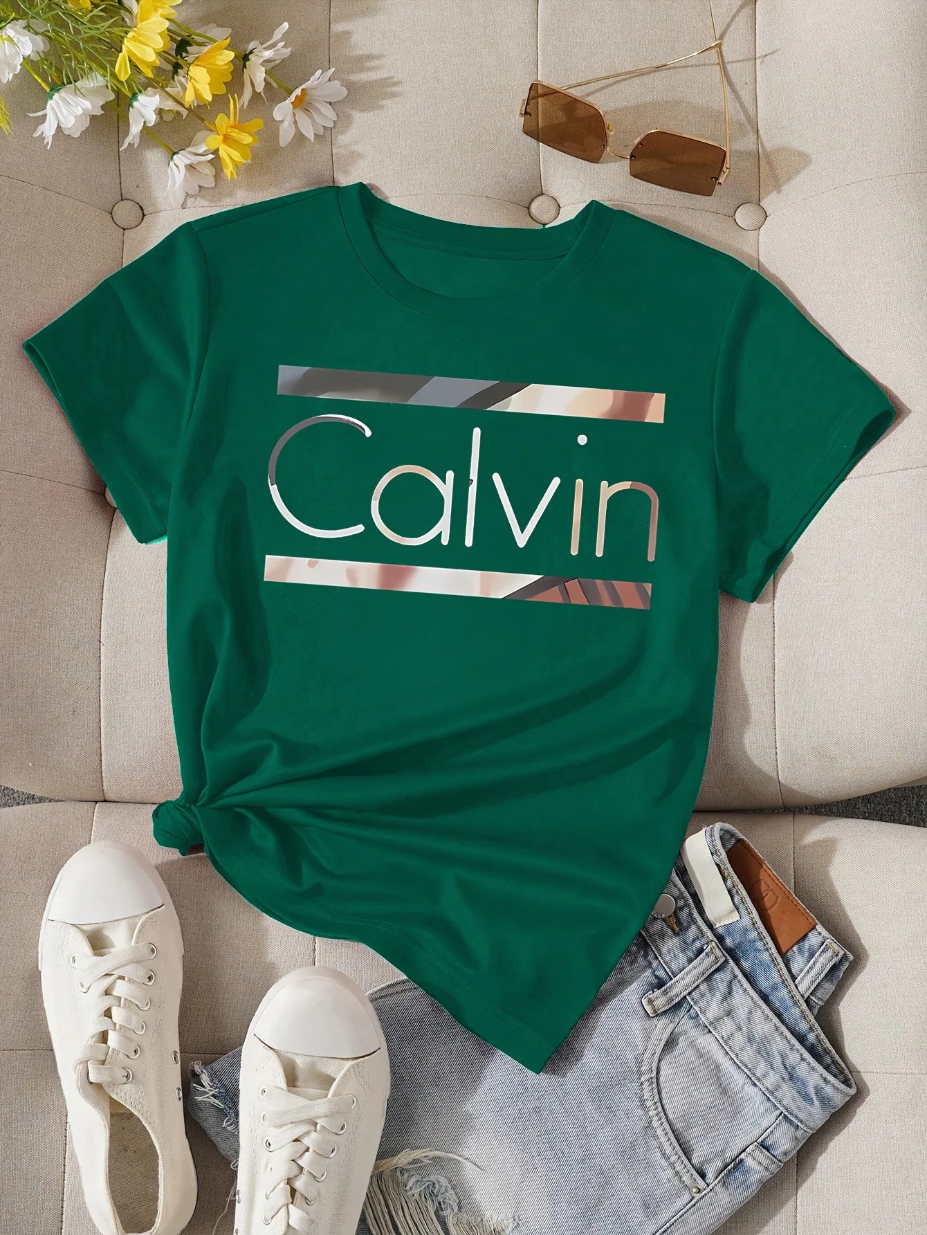 Women's Summer 100% Cotton Fashion Casual Calvin Letter Pattern Printed Loose Round Neck Short Sleeve T-shirt Top