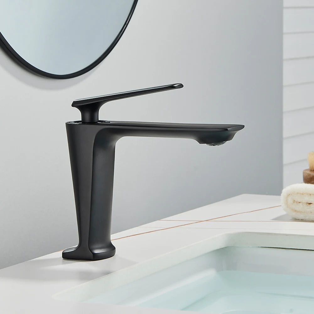 Rozin Matte Black Basin Faucet Deck Mounted Brass Bathroom Sink Faucets Single Lever Bathroom Crane Hot Cold Water Mixer Taps