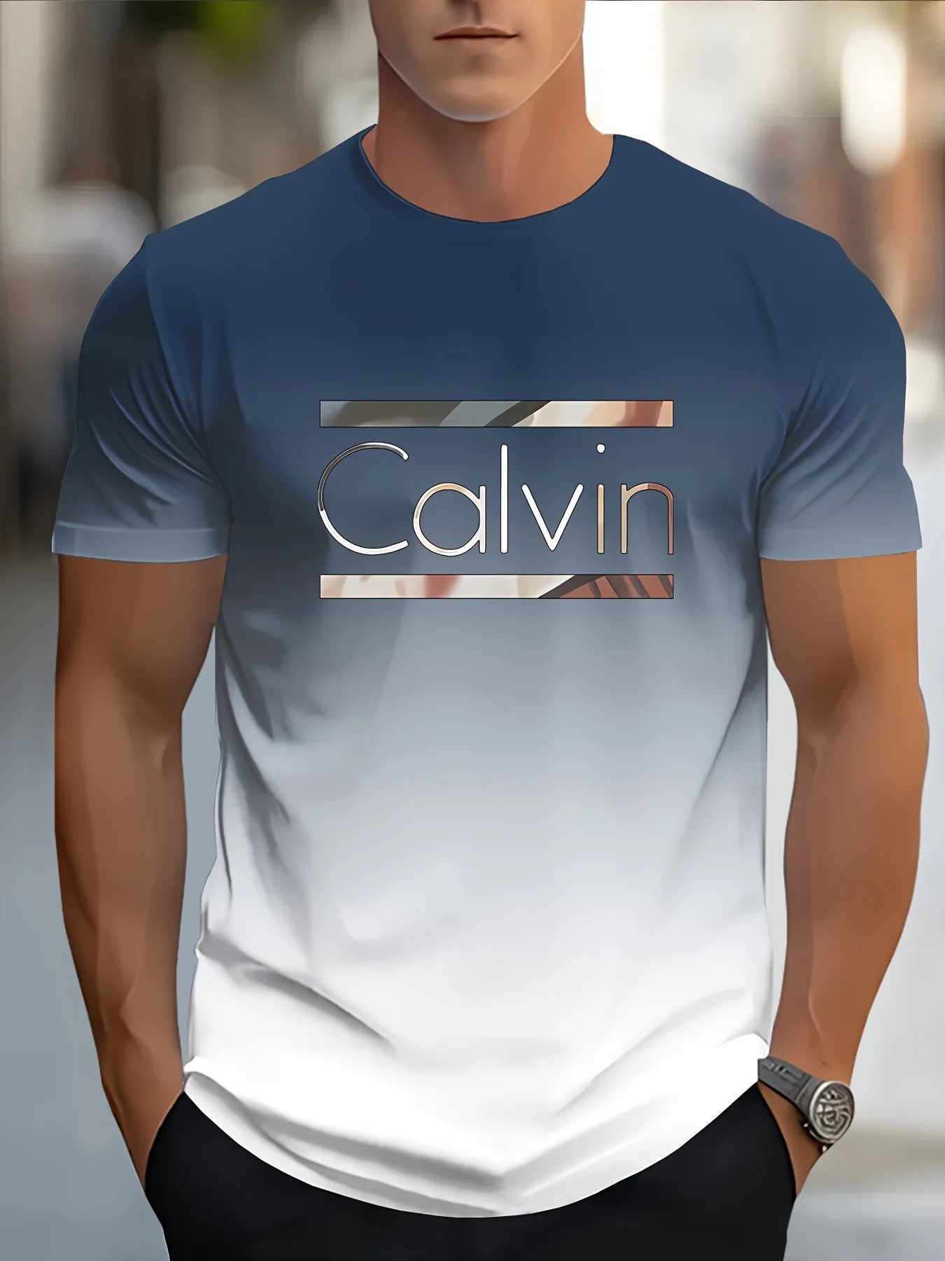 Men'S Customizable "Calvin" Gradient Print T-Shirt - Casual Crew Neck, Short Sleeve, Slight Stretch Fabric 100%polyster