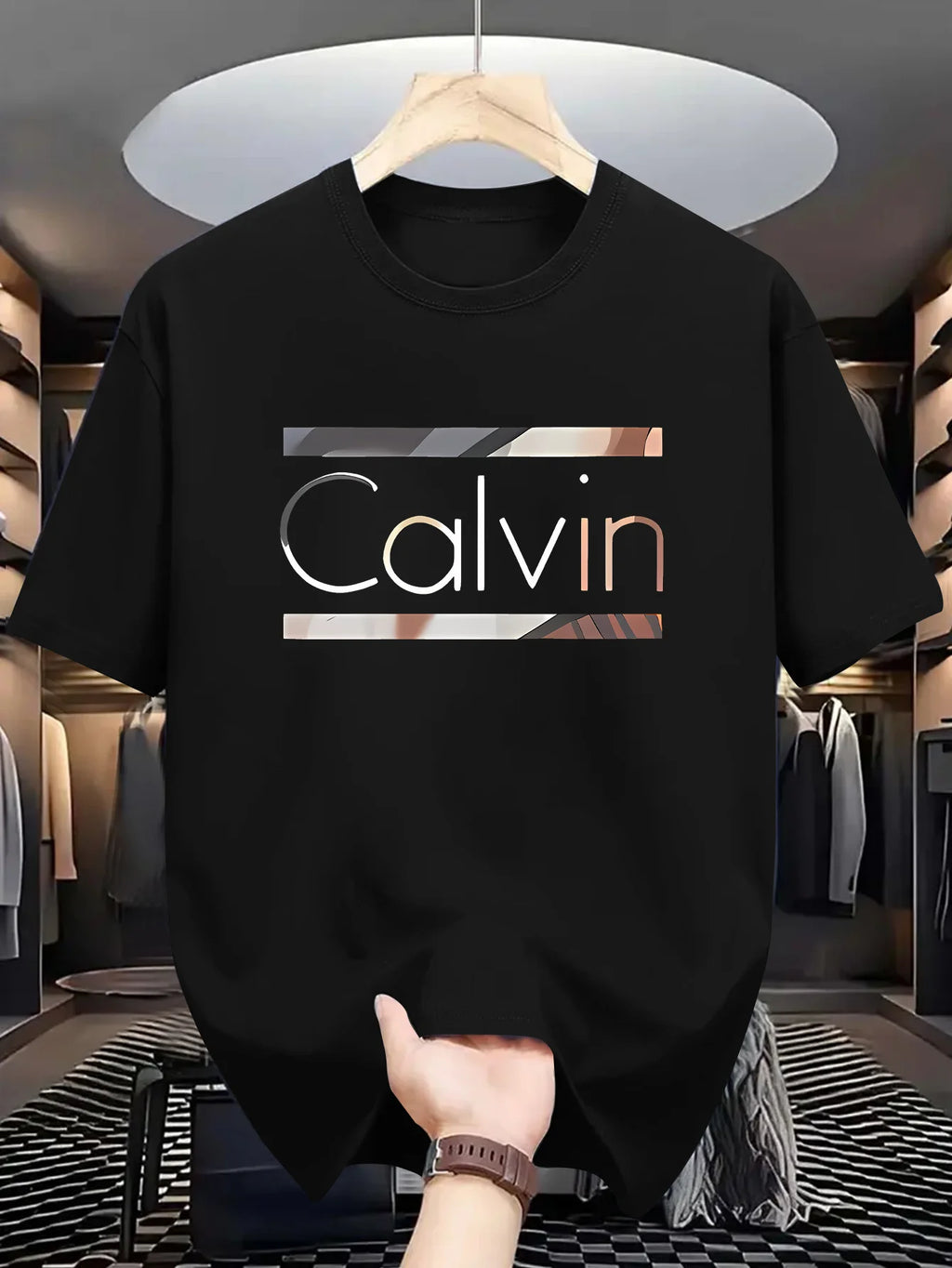 Men's Casual Athletic Short Sleeve T-Shirt - Summer Sportswear with "CALVIN" Graphic Print, Beige, Lightweight Polyester Fabric,