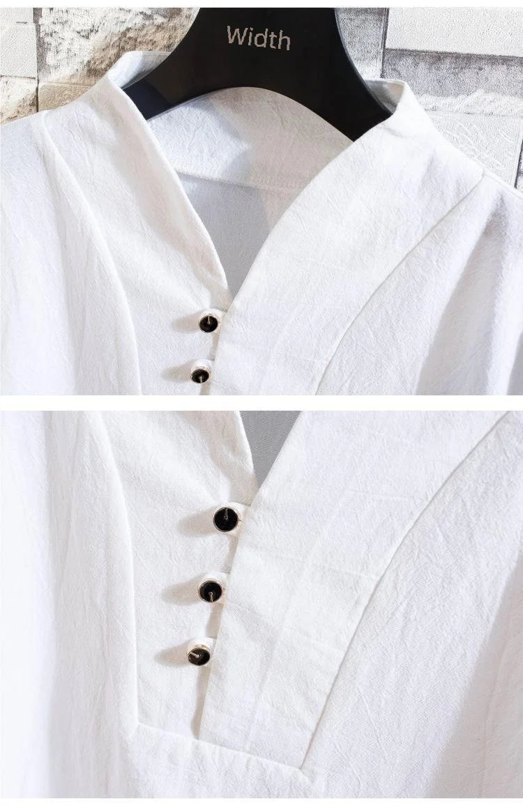Chinese Style Linen Suit Men's Summer Short Sleeve Hanfu Ancient Buddhist System Zhenshi V-neck T-shirt Cotton Linen 2-piece Set