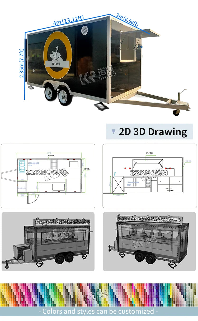 Stainless Steel Food Trailer Outdoor Sale Taco Hot Dog Cart Street Mobile Kitchen Food Trailer Business Food Kiosk Ice Cream Car