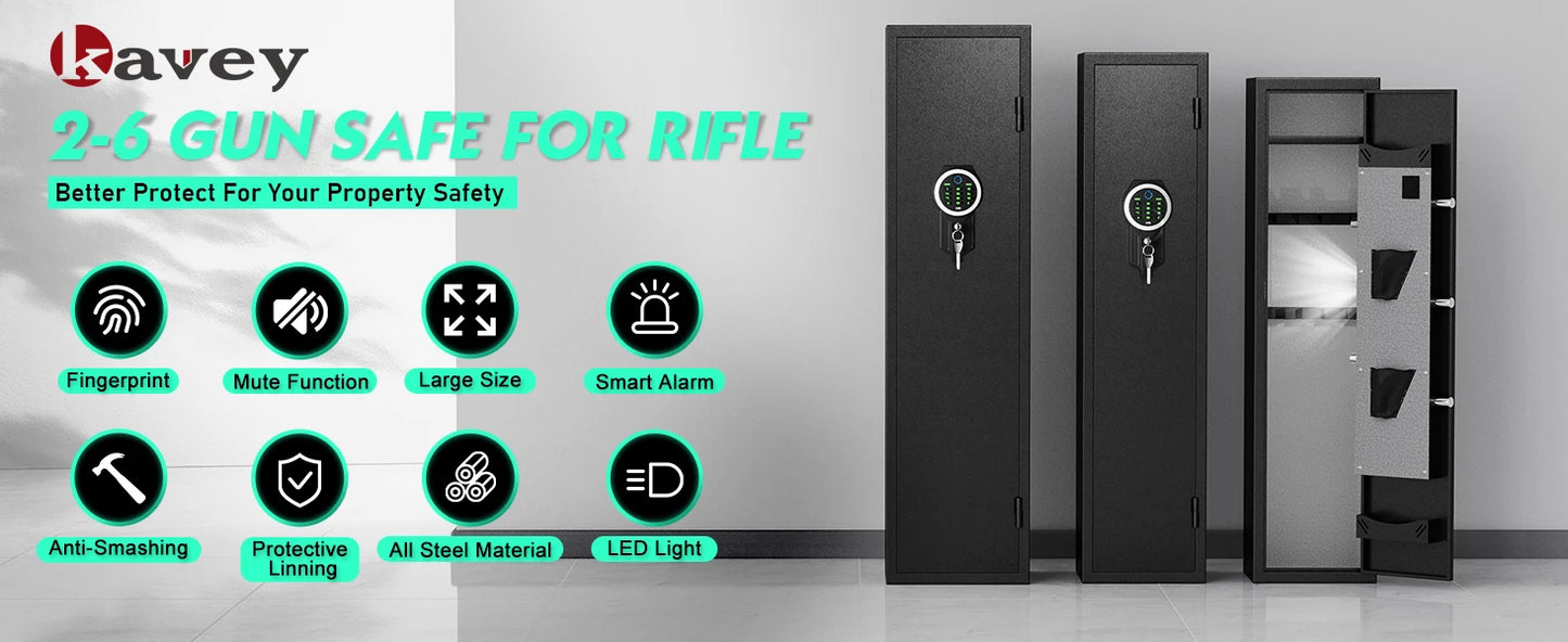 Kavey Biometric Fingerprint Gun Safe, Quick Access Gun Cabinets with LED Light, Adjustable Gun Rack and Removable Shelf