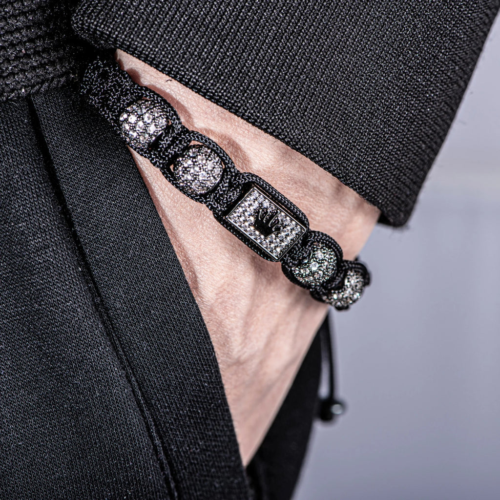 New Men's Adjustable Black Braided Crown Design Bracelet with Sparkling Synthetic Zirconia Stones Elegant GoldenTone Rectangular