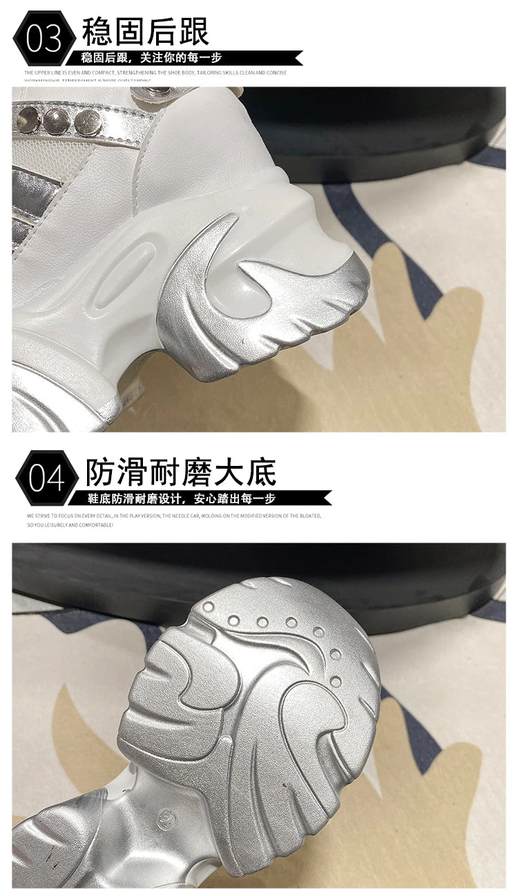 10CM New 2024 Spring Women Chunky Sneakers Heels Lace-up High Platform Sports Shoes Woman Breathable Mesh Shoes Leather Sneakers
