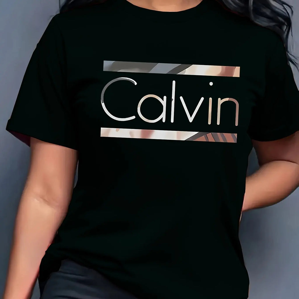 Women's Summer 100% Cotton Fashion Casual Calvin Letter Pattern Printed Loose Round Neck Short Sleeve T-shirt Top