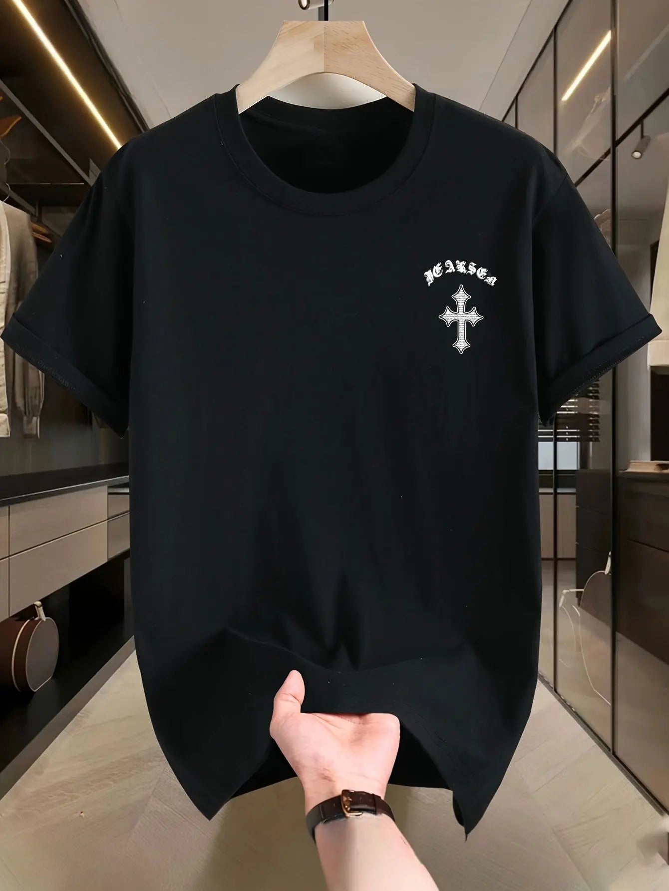 1pc Men'S Vintage Cross Print Cotton T-Shirt, Casual Round Neck Short Sleeve Tee, Summer Knit Fabric