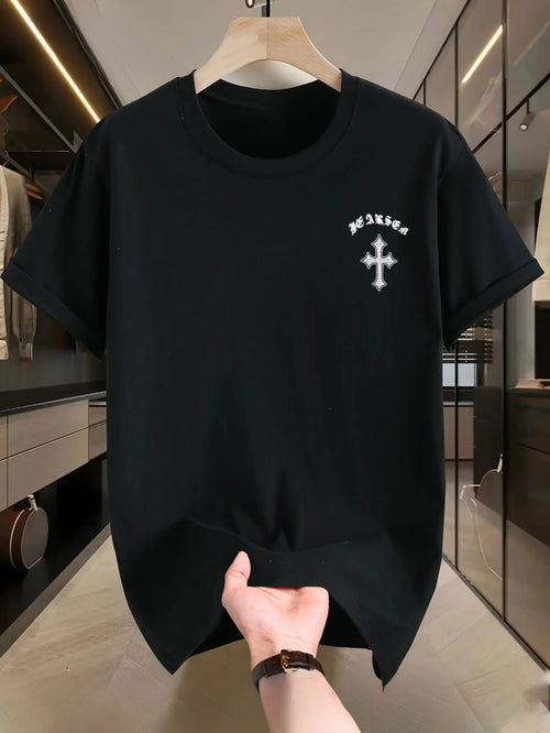1pc Men'S Vintage Cross Print Cotton T-Shirt, Casual Round Neck Short Sleeve Tee, Summer Knit Fabric