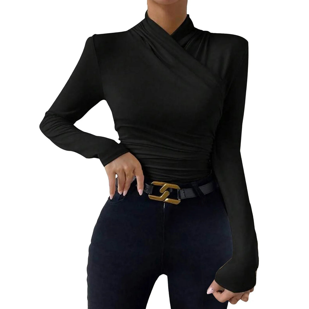 Women'S Autumn And Winter Tank Tops With A Neckline Slim Fit Versatile Pleated T Shirt Sexy Cross Ladies Crop Tops Streetwear