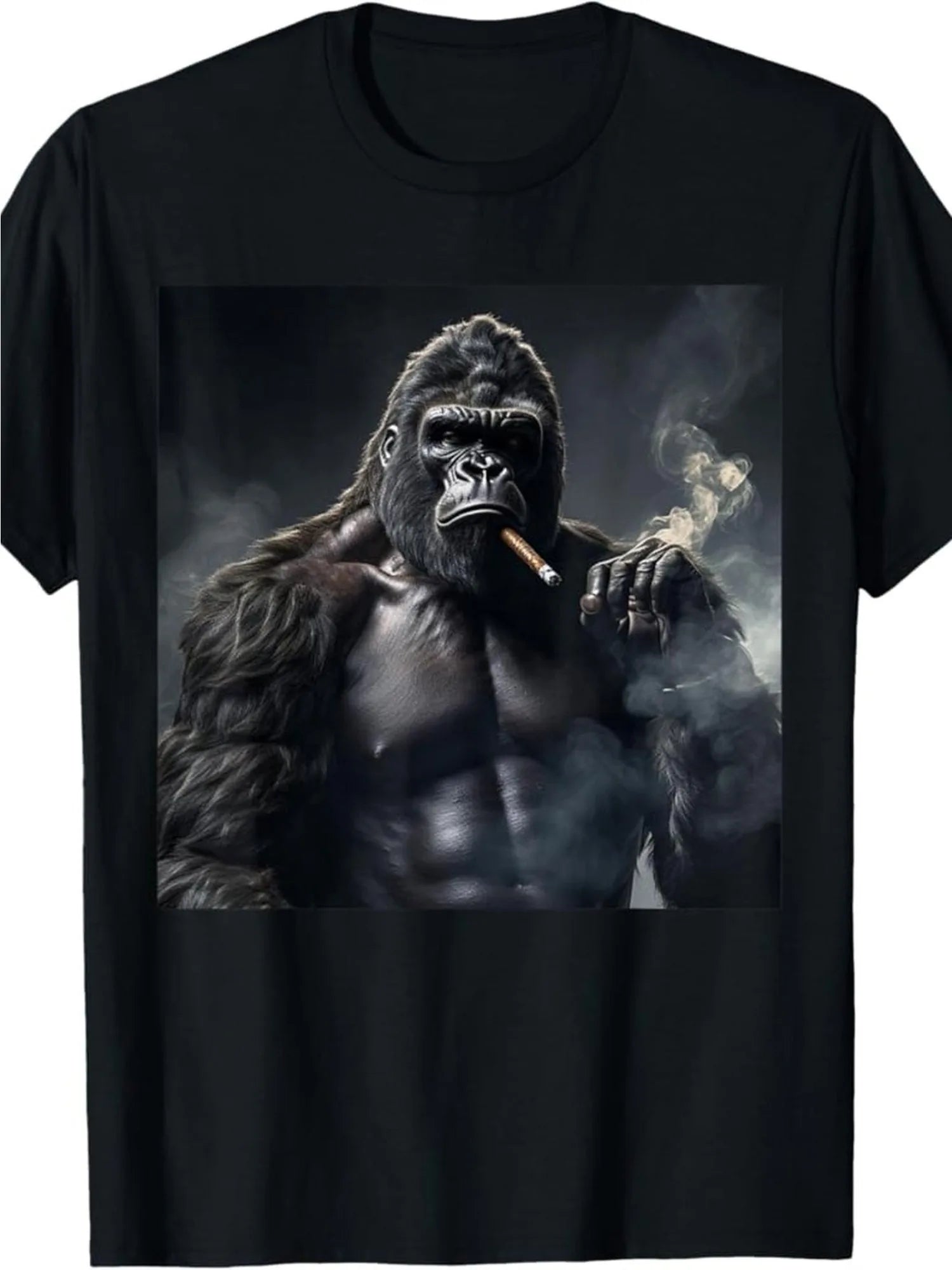 Heavyweight Funny Gorilla Smoking Cigar Graphic T-Shirt - Black Casual Streetwear Tee for Adults, All-Season Comfort