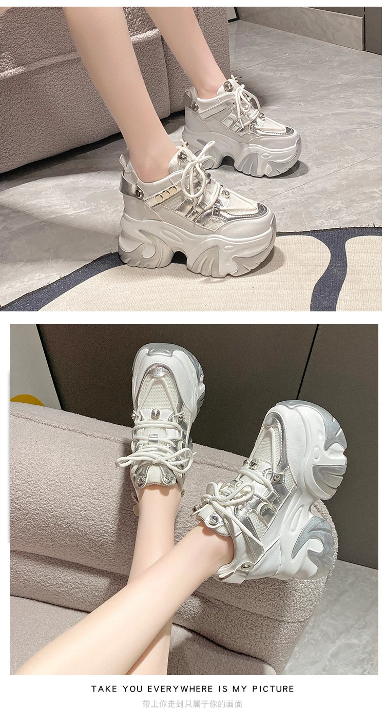 10CM New 2024 Spring Women Chunky Sneakers Heels Lace-up High Platform Sports Shoes Woman Breathable Mesh Shoes Leather Sneakers