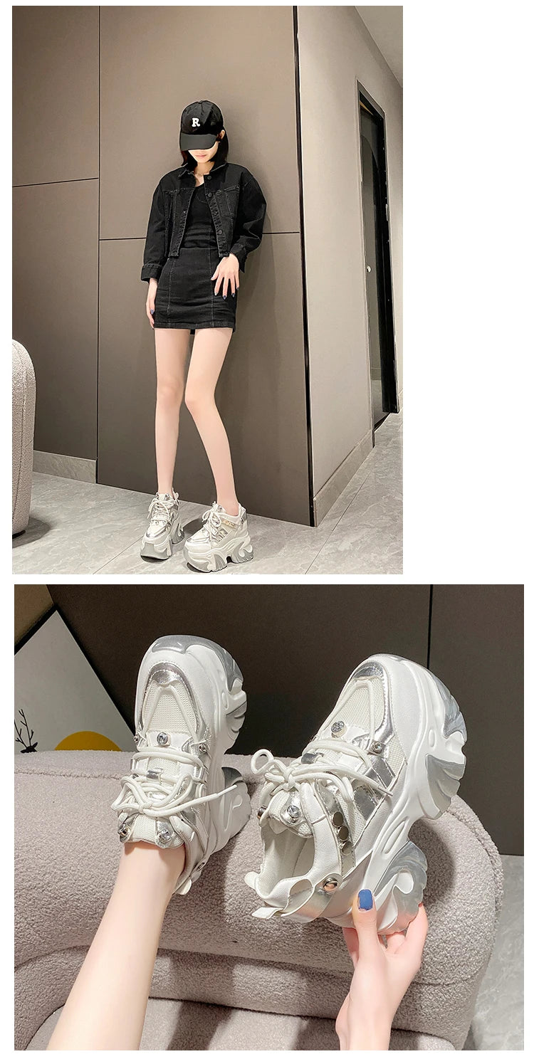 10CM New 2024 Spring Women Chunky Sneakers Heels Lace-up High Platform Sports Shoes Woman Breathable Mesh Shoes Leather Sneakers
