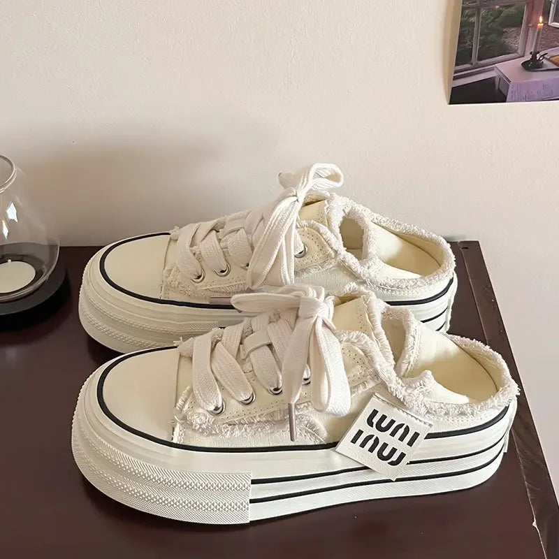 Canvas Shoes Women Casual Height Increasing Platform Shoes for Women Outer White Sneakers Slip on Women Vulcanize Shoes