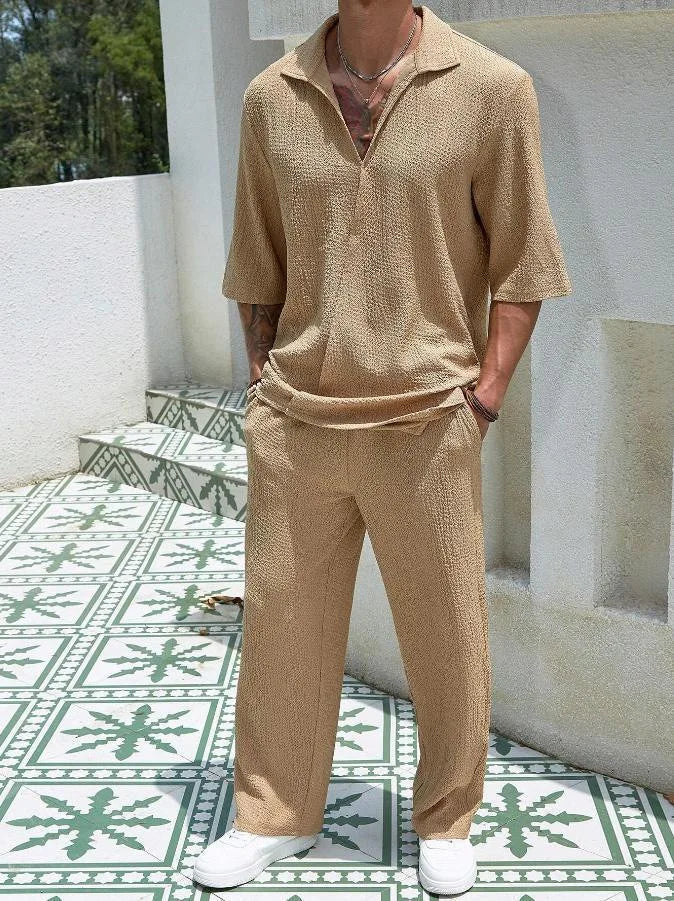 2025 Europe and the United States men's new spring half-sleeve shirt pants solid color suit V-neck design
