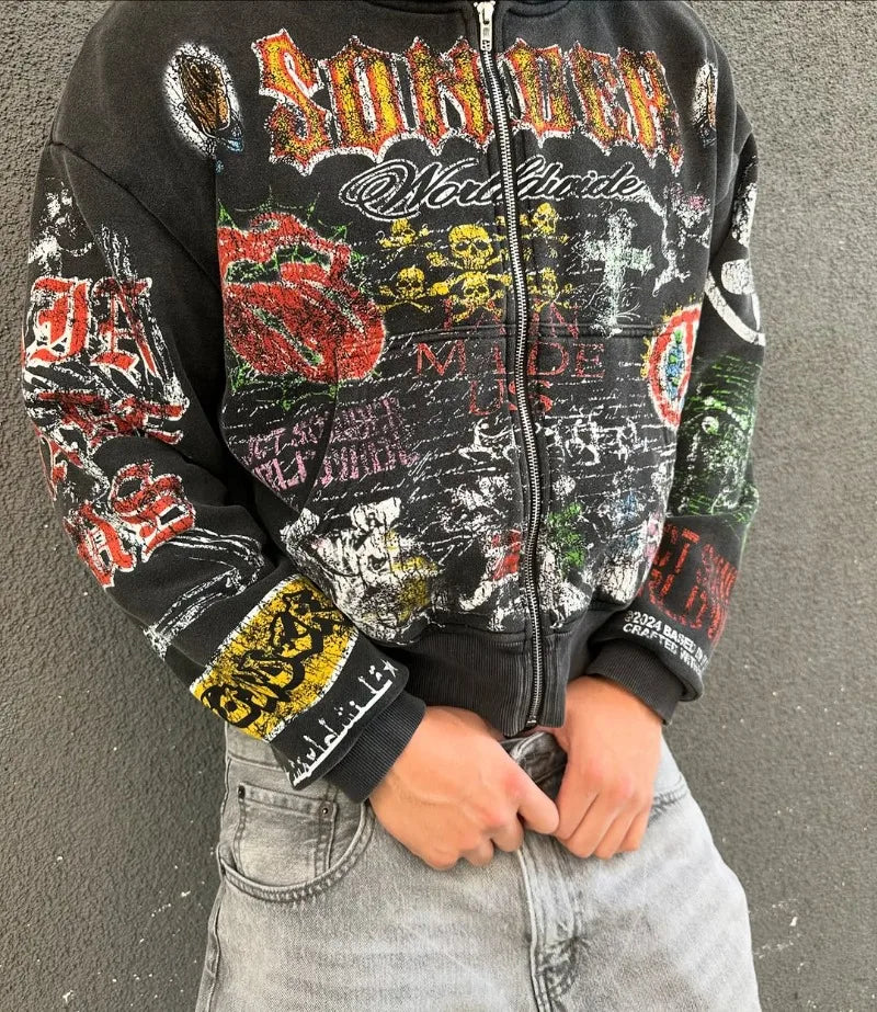 Y2k American Fashion Personality Versatile Anime Printed Zipper Hoodie Men Vintage Goth Dark Style Oversized Sweatshirt Women