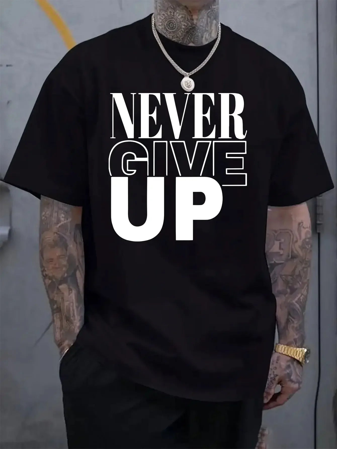 Men Cotton T Shirt Casual Summer Short Sleeve Motivational Letter Print Never Give Up Graphic Streetwear Top Comfortable Fashion