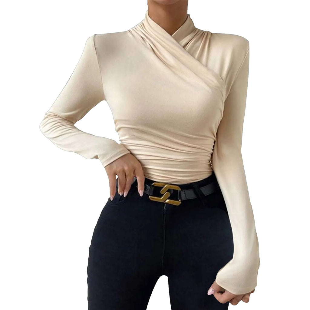 Women'S Autumn And Winter Tank Tops With A Neckline Slim Fit Versatile Pleated T Shirt Sexy Cross Ladies Crop Tops Streetwear