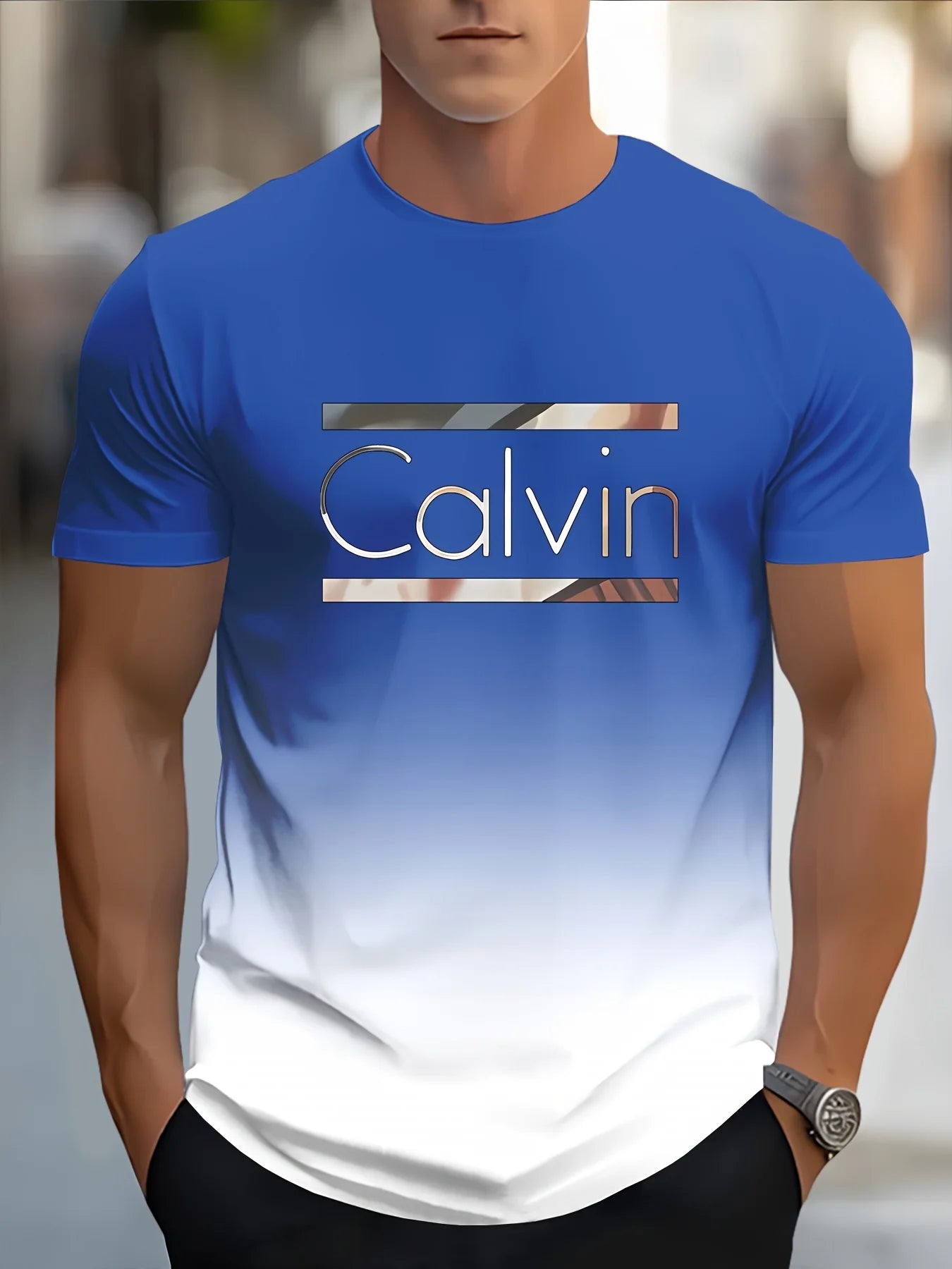 Men'S Customizable "Calvin" Gradient Print T-Shirt - Casual Crew Neck, Short Sleeve, Slight Stretch Fabric 100%polyster