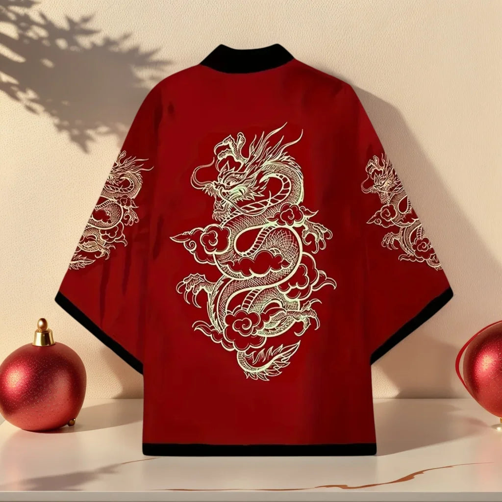 Japanese Kimono Dragon Graphic Print Cosplay Haori Yukata Top Adult Traditional Samurai Loose Kimono Cardigan for Men Women