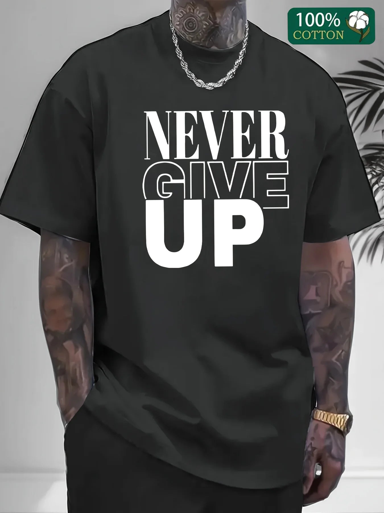 Men's summer 100 cotton fashionable casual sports loose Never give up letter printed round neck short sleeved T-shirt top