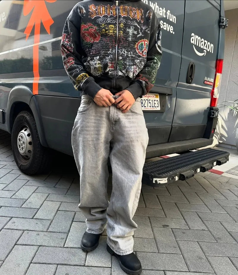 Y2k American Fashion Personality Versatile Anime Printed Zipper Hoodie Men Vintage Goth Dark Style Oversized Sweatshirt Women