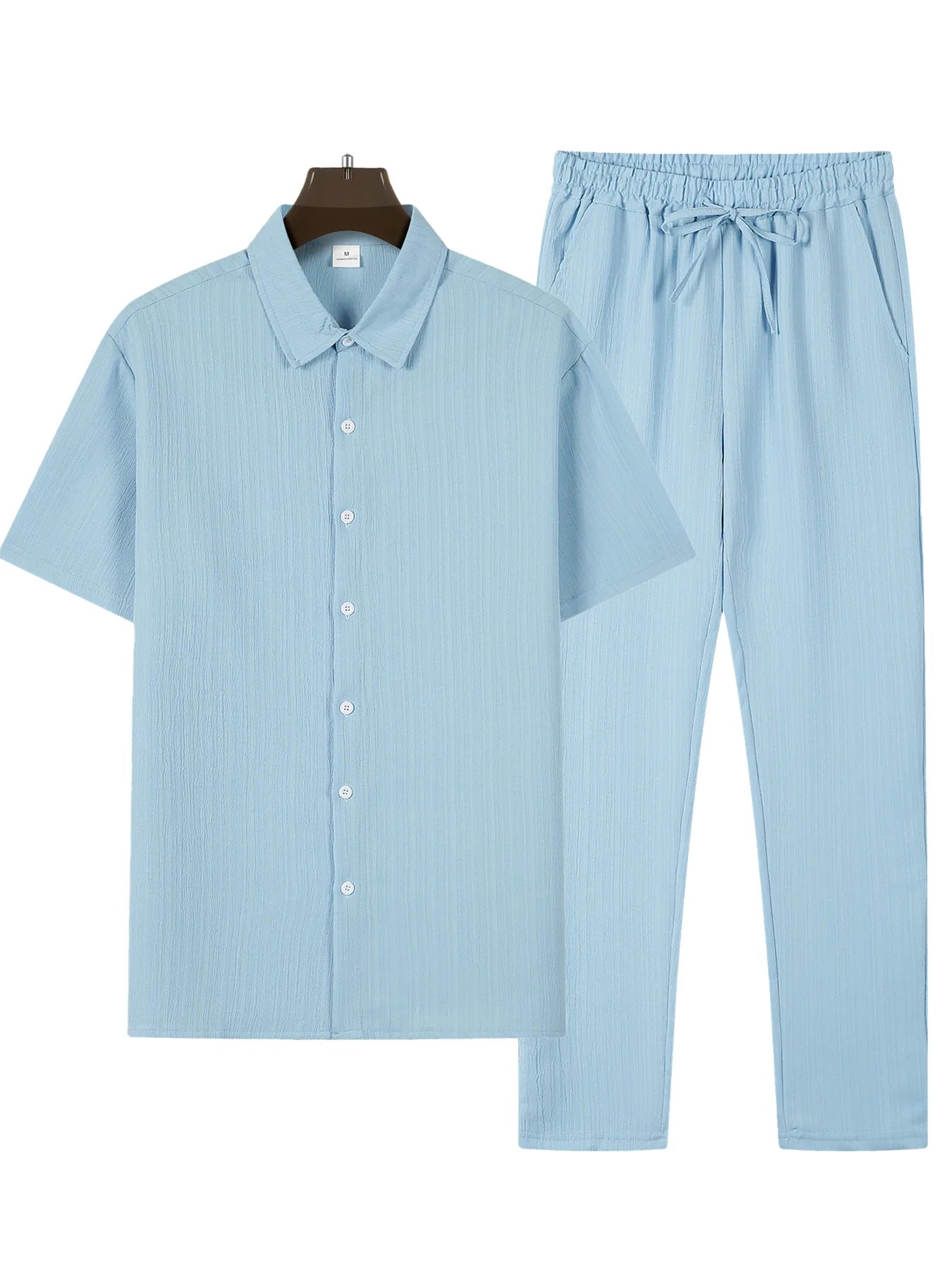 2024 Summer New Men's Solid Color Simple Short Sleeved Shirt And Pants Set Casual Home Comfortable Top And Pants Two-piece