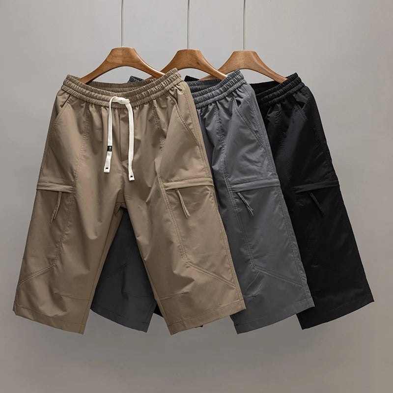 2 Pieces Working Cropped Pants Men's Summer New Ice Silk Thin Casual Loose Sports Shorts Bermudas Cargo Mens Shorts Fishing