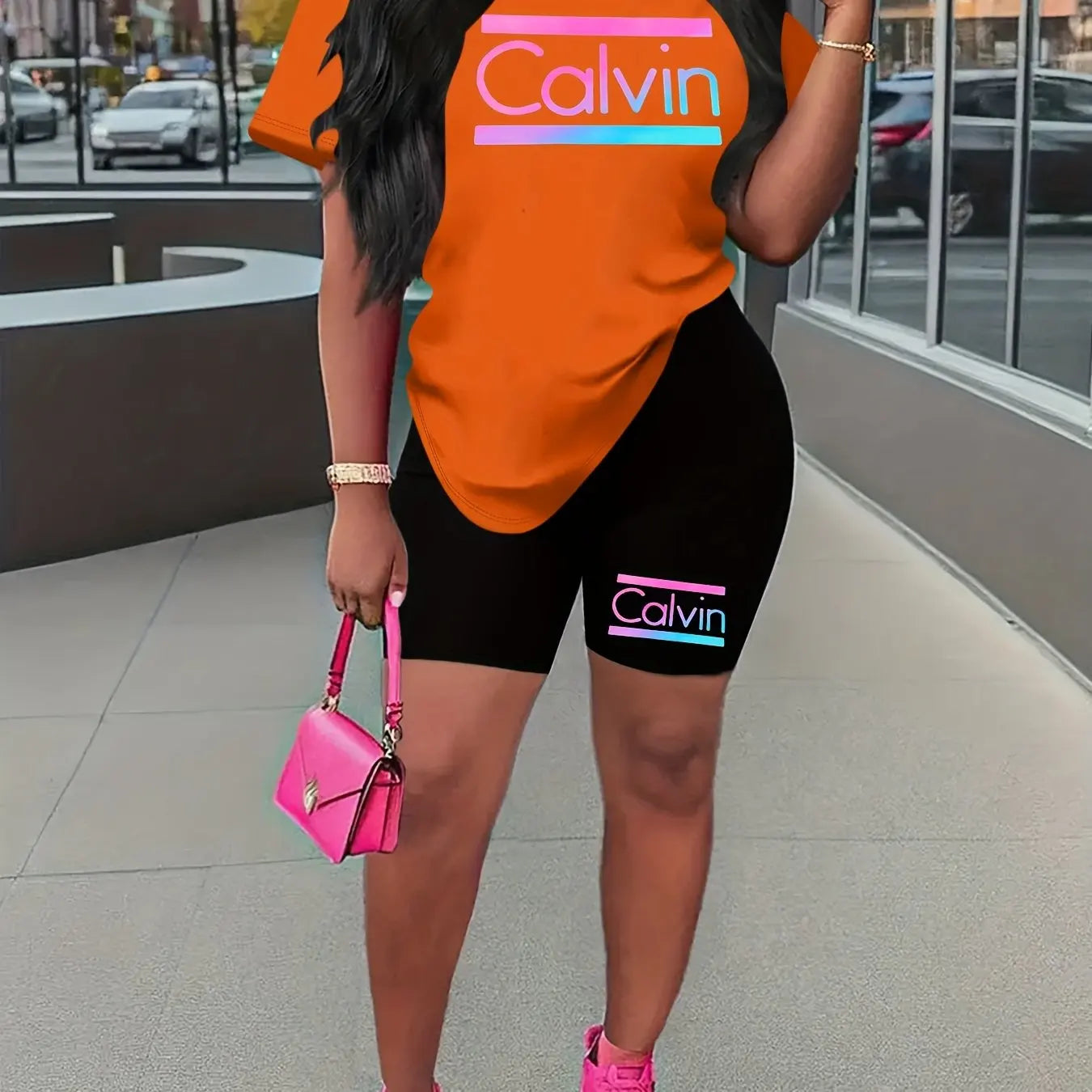 Women's summer casual loose and fashionable Calvin print round neck short sleeved T-shirt+shorts two-piece set