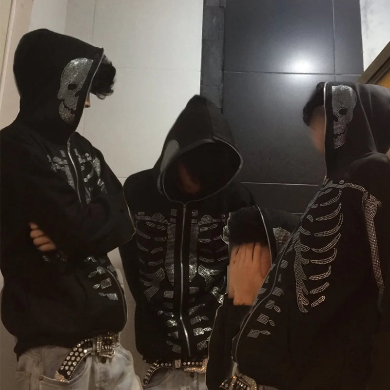Gothic Long Sleeve Rhinestone Skeleton Hoodie Y2k Jacket Men Hoodies Oversized Full Zip Hoodie Goth Sweatshirt Sport Coat Autumn