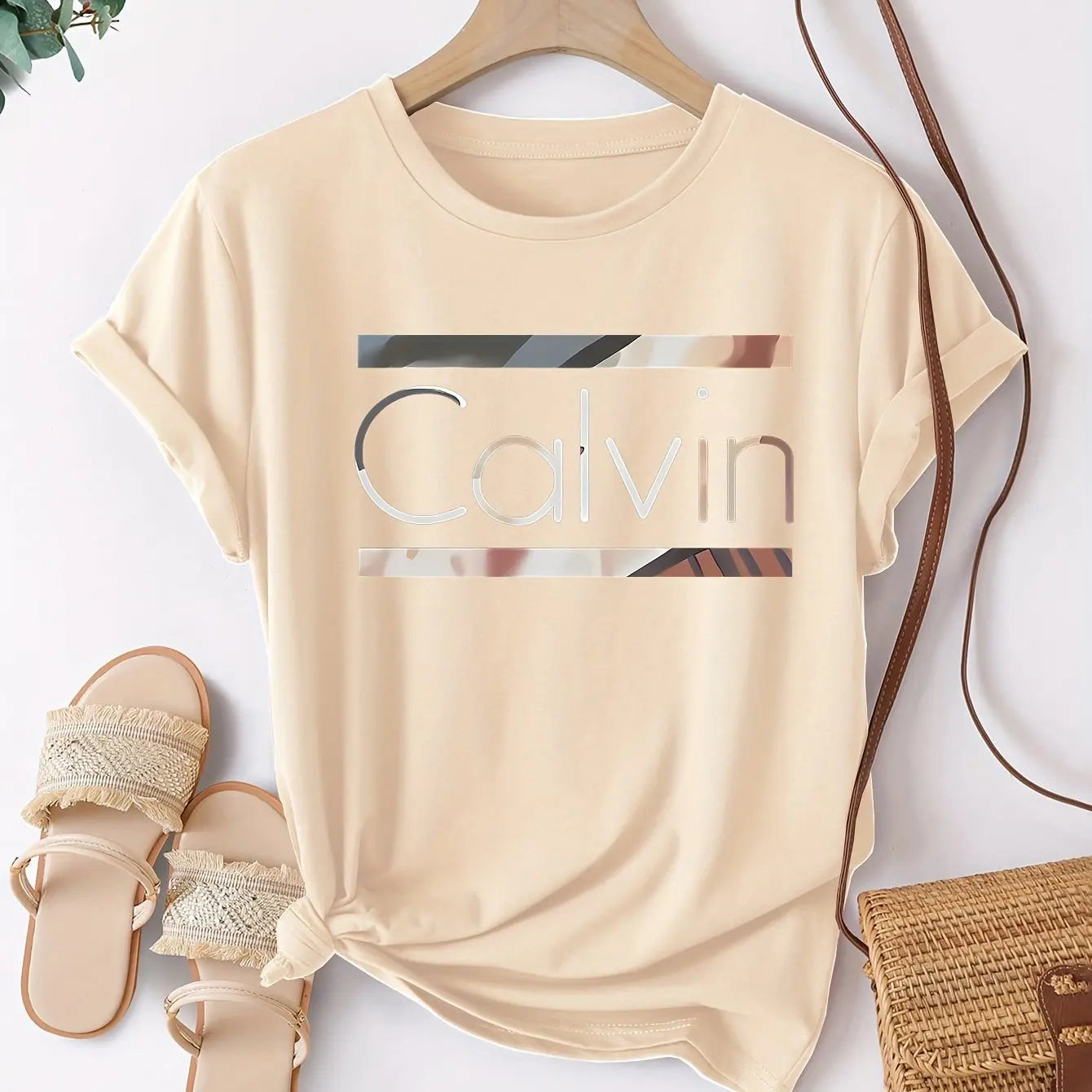 Women's Summer 100% Cotton Fashion Casual Calvin Letter Pattern Printed Loose Round Neck Short Sleeve T-shirt Top