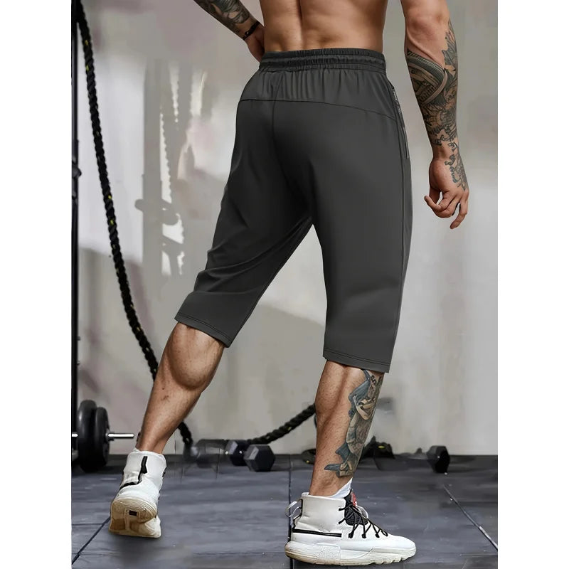 Men's Summer Casual Sports Shorts High Elastic Waist Drawstring Cropped Pants Seven Running Basketball Beach Sweatsuit Black