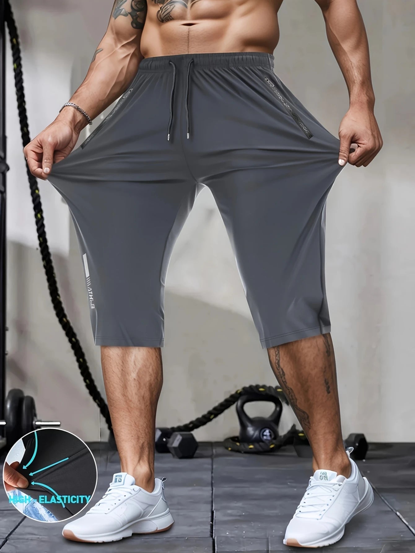 Men's Classic Shorts Summer Casual Sports High Elastic Waist Drawstring Cropped Pants Black Man Clothes Gym Running For Exercise