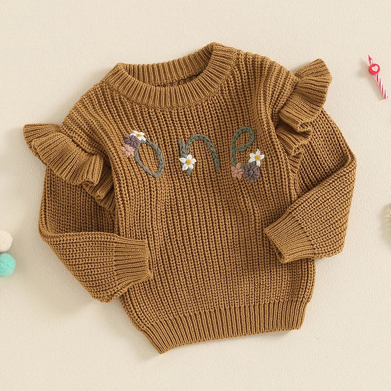 2024-05-23 Lioraitiin Newborn Baby Girl Birthday Sweater Casual Floral Letter Embroidery Warm Knitted Pullover Infant Knitwear
