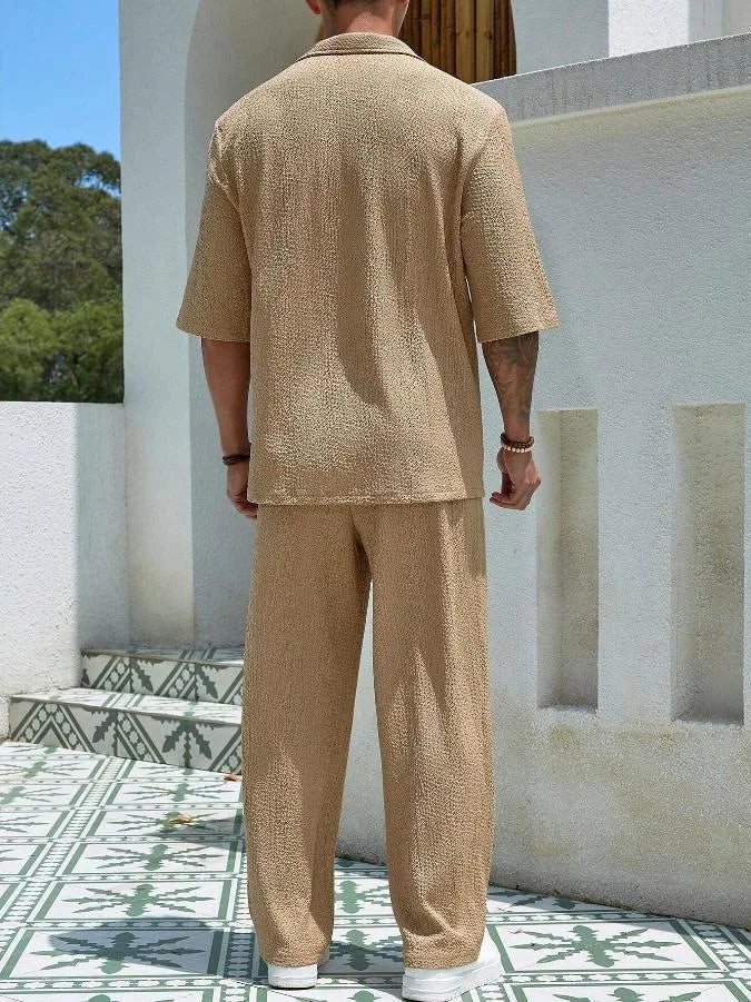 2025 Europe and the United States men's new spring half-sleeve shirt pants solid color suit V-neck design