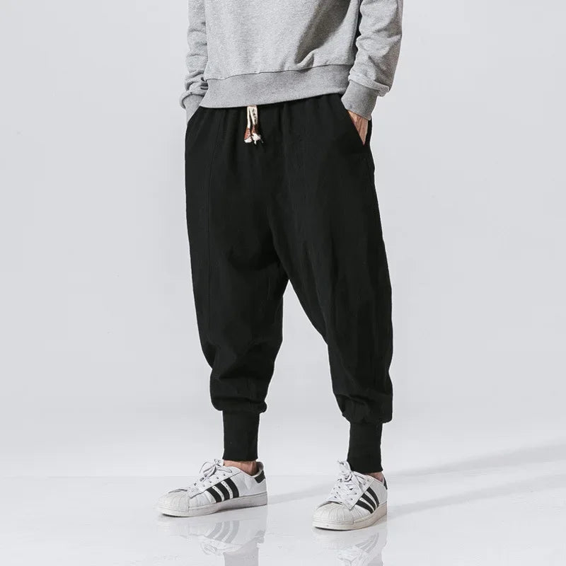 2024 Japanese Style Cotton Linen Pants Plus Size Chinese Style Men's Casual Pants Youth Fashionable Small Feet Harem Pants Whole