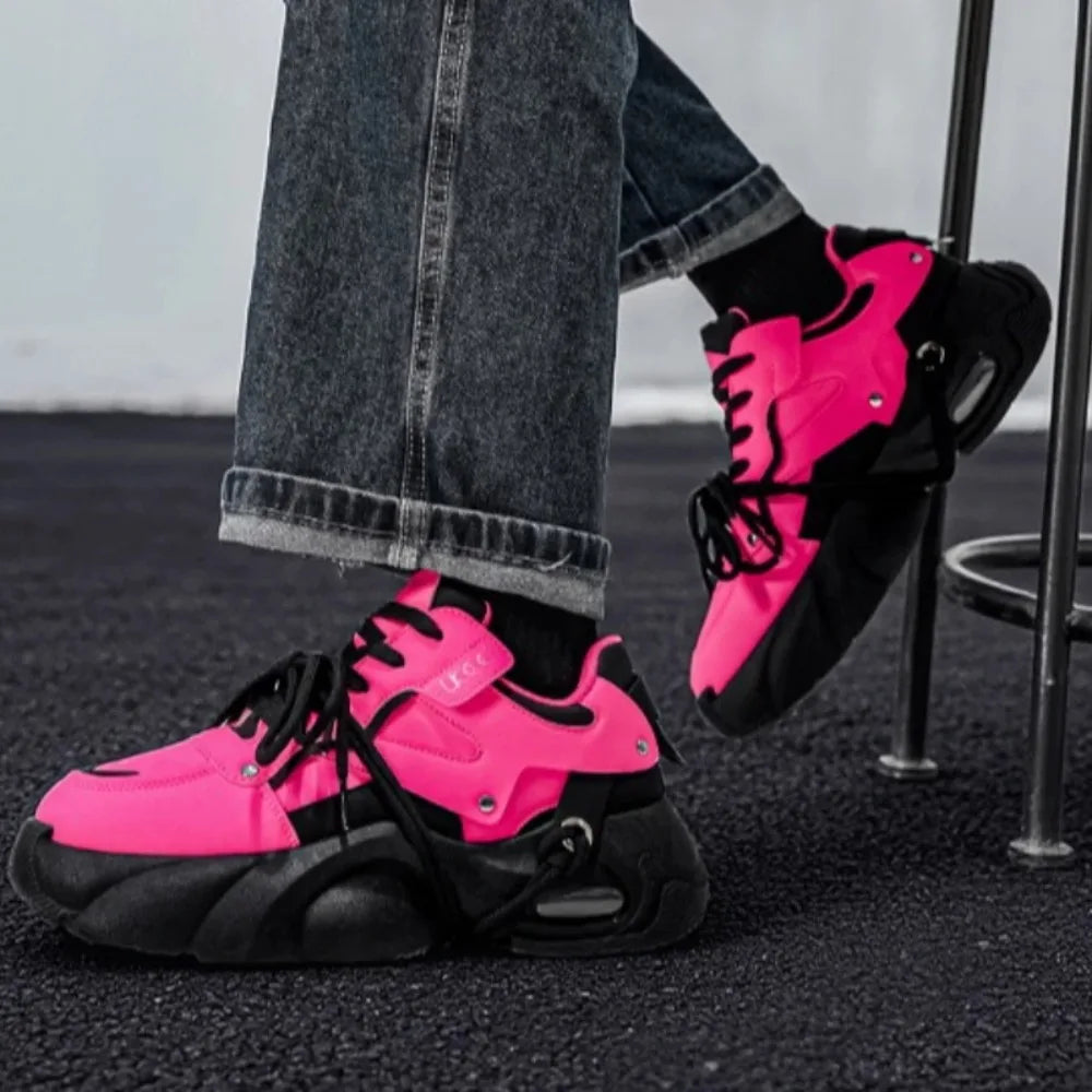 Men's Sports Shoes Fashionable Glossy Color-matched Street Trend Brand Design Thick Sole Flat Heel Lace-up Casual Shoes