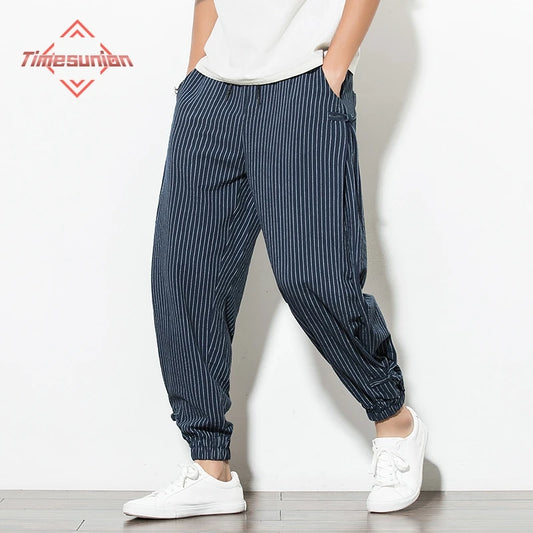 Japanese Style Summer Thin Section Stripes Harem Pants Men Cotton Fashion Disc Buckle Breathable Linen Pants Men Plus Size 5XL
