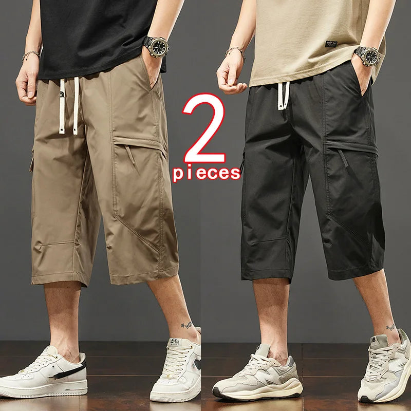 2 Pieces Working Cropped Pants Men's Summer New Ice Silk Thin Casual Loose Sports Shorts Bermudas Cargo Mens Shorts Fishing