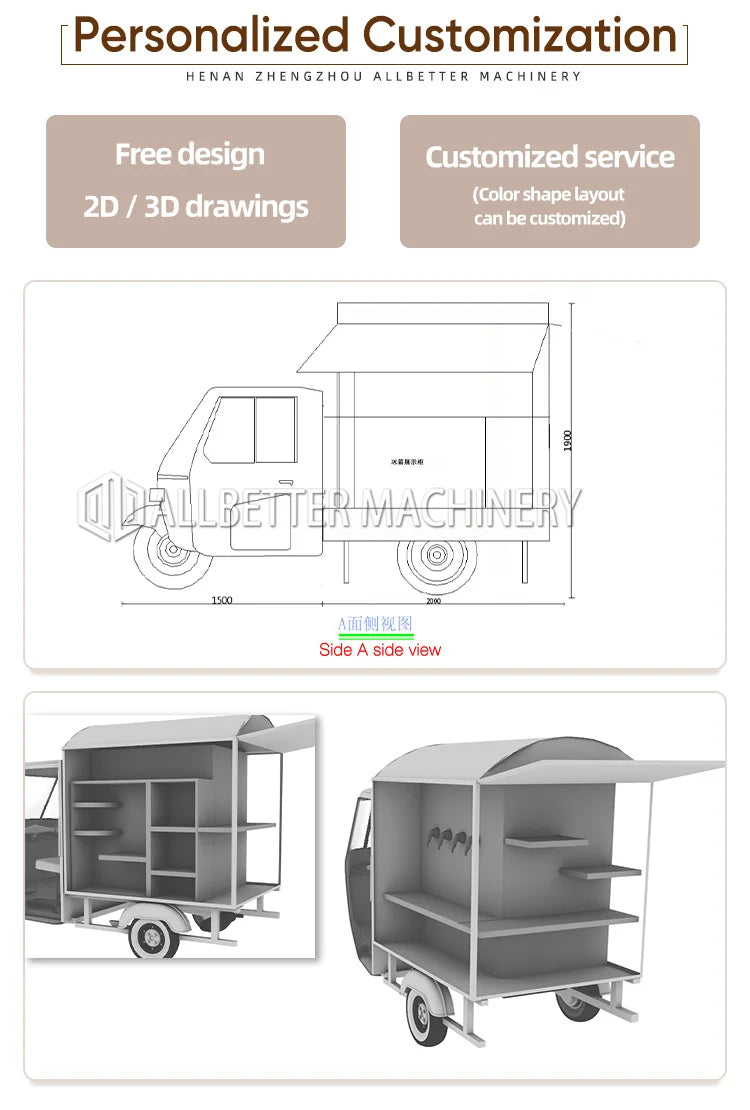 Allbetter Mobile Motorcycle Food Truck with Full Kitchen Coffee Kiosk Street Food Cart Tuk Tuk Beer Bar Food Truck for Sale