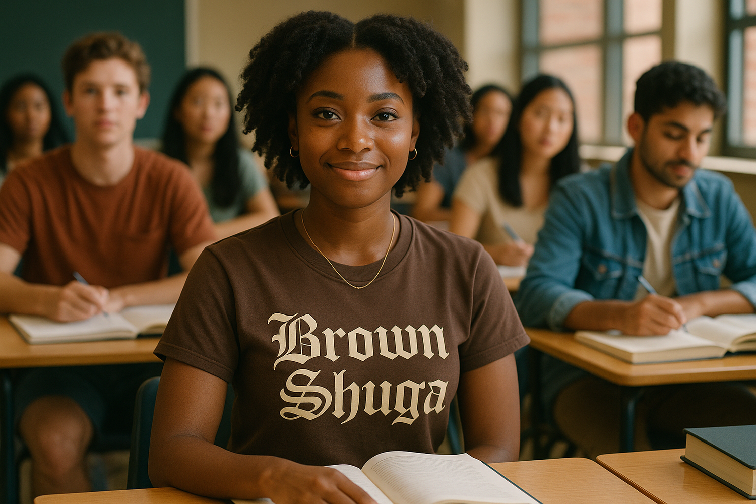A early 20's black female with a tee shirt on that says Brown Shuga typed in old english script wearing a gold necklace in a classroom surrounded by classmate's