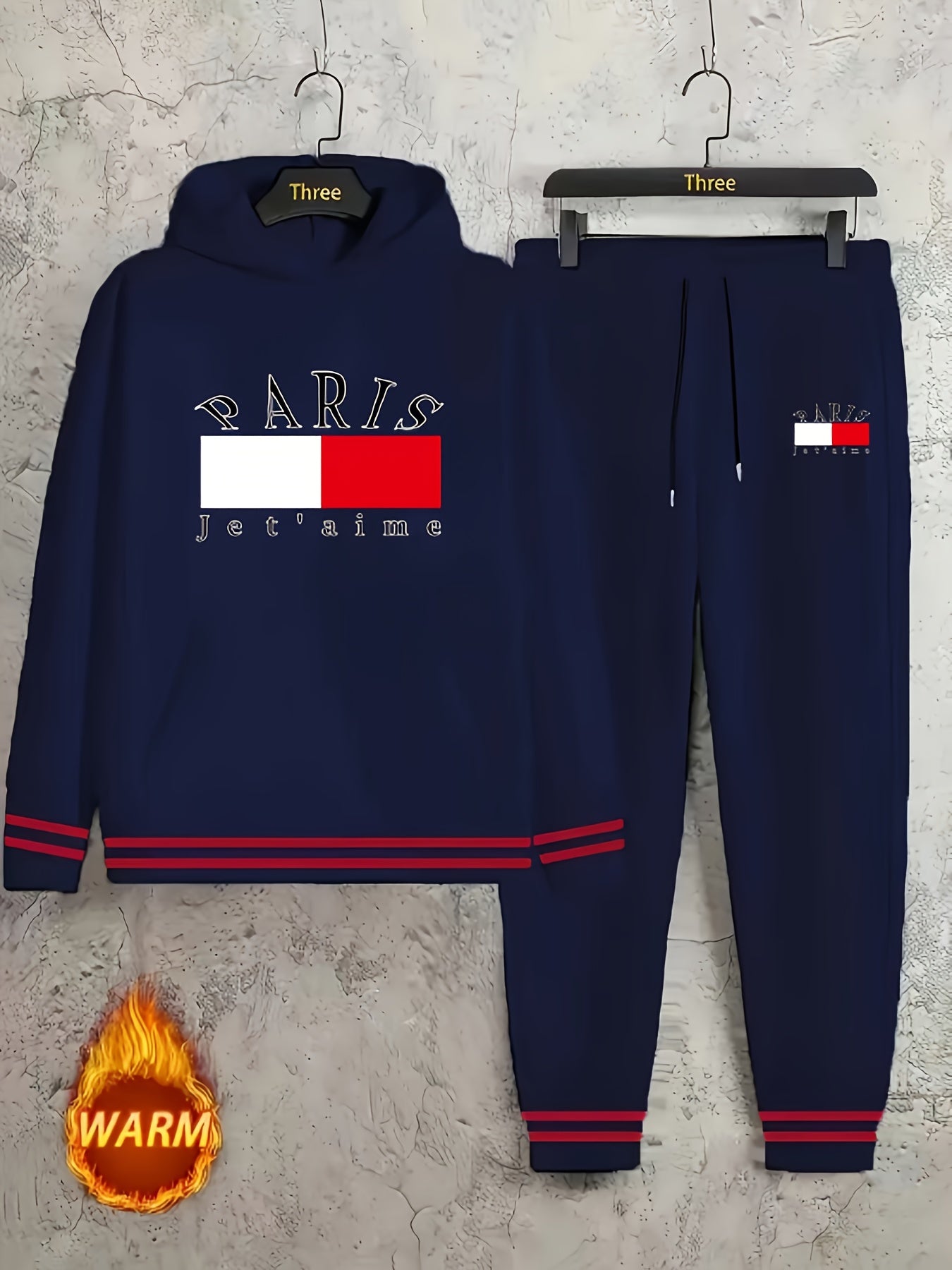 2-piece PARIS Print Men's Spring Fall Sports Outfit Set, Men's Hooded Sweatshirt With Kangaroo Pocket & Drawstring Sweatpants Set
