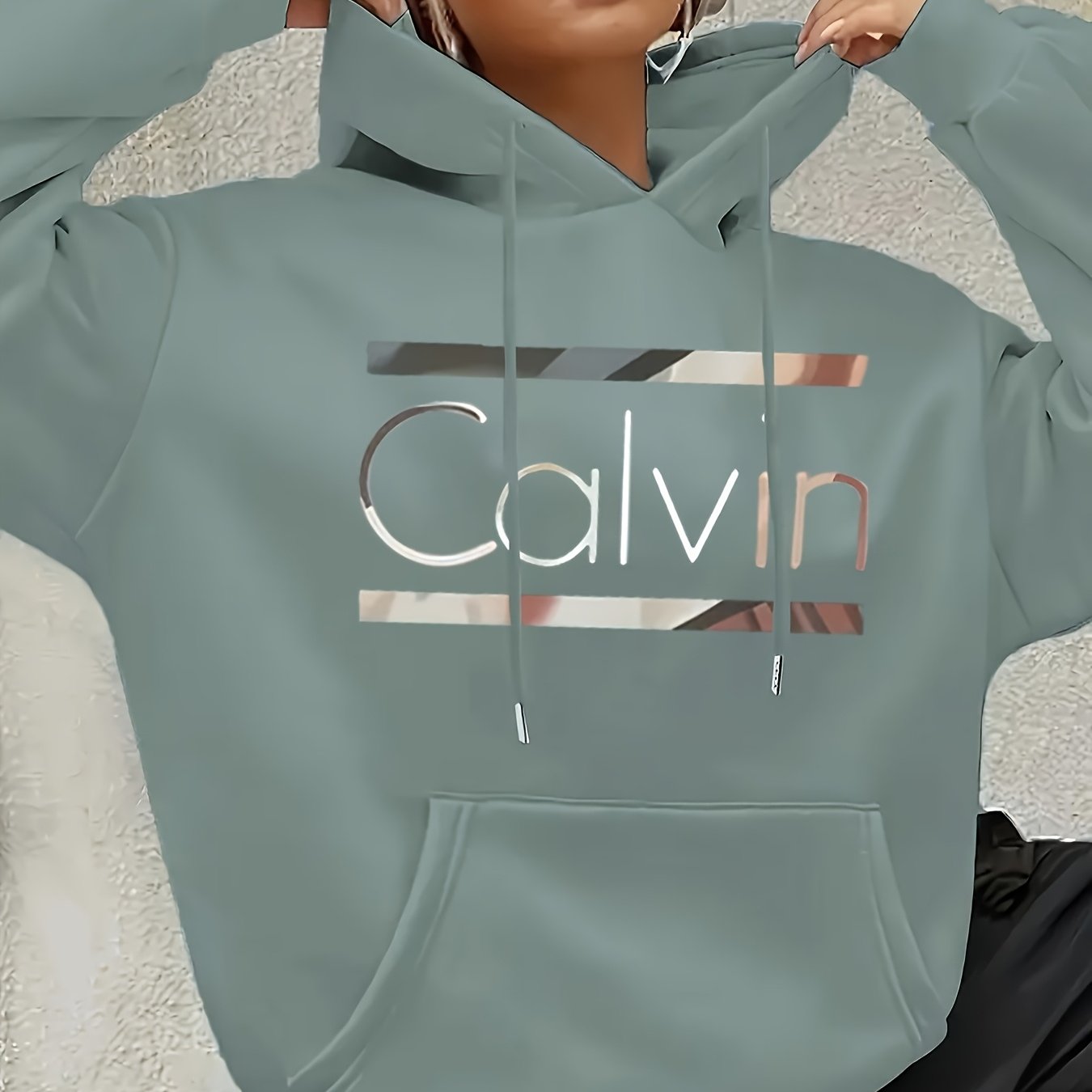 [Cozy Calvin Hoodie] Cozy Polyester Women's "Calvin" Graphic Hoodie | Casual Green Letter Print Pullover with Drawstrings, Long Sleeves, and Front Pocket