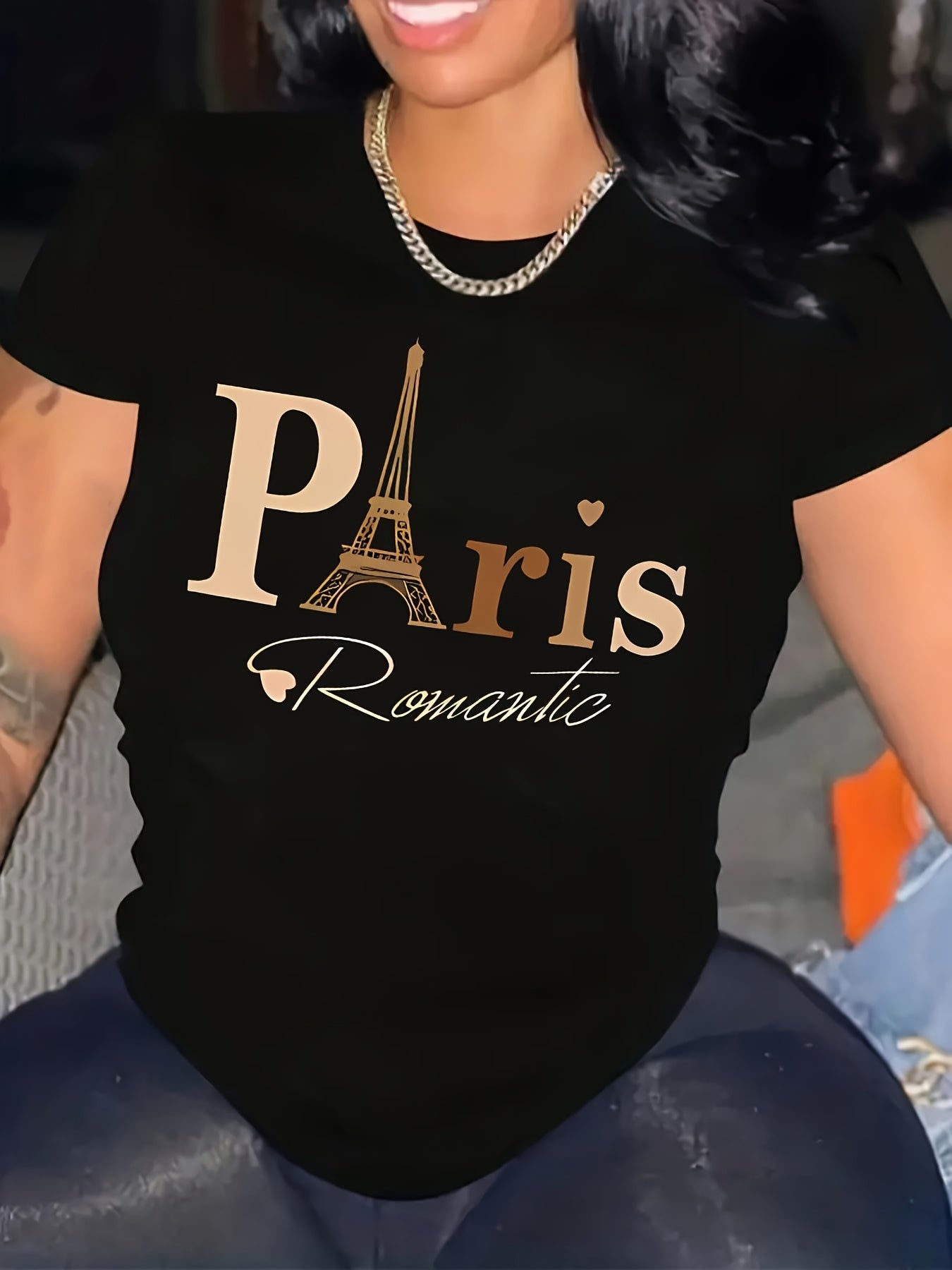 Plus Size Paris Print T-shirt - Women's Casual Short Sleeve Crew Neck Top for Spring & Summer, Vibrant Print, Comfortable Fit, Breathable Fabric, Perfect for Outdoor Activities