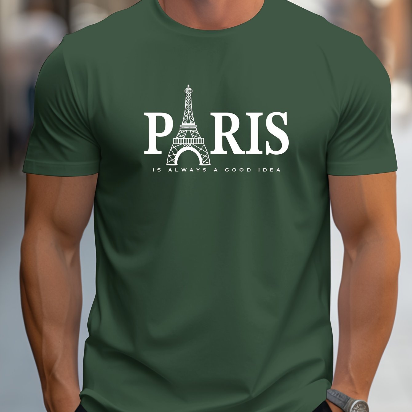Men's Paris Eiffel Tower Graphic Tee - Casual Crew Neck, Short Sleeve T-Shirt with Stretch Fabric, Machine Washable - Summer Essential