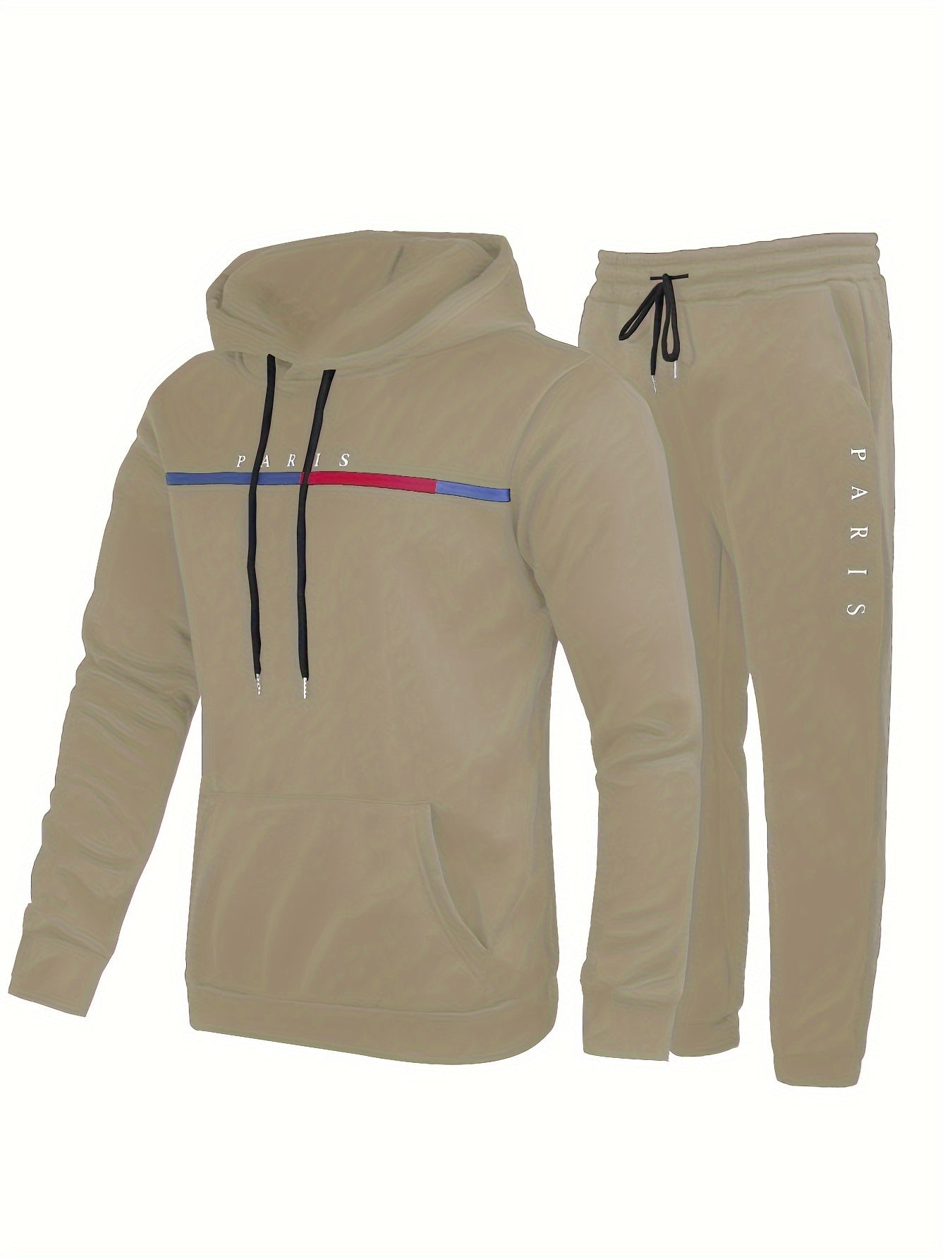 Paris Print, Men's 2Pcs Outfits, Casual Hoodies Long Sleeve Pullover Hooded Sweatshirt And Sweatpants Joggers Set For Spring Fall, Men's Clothing