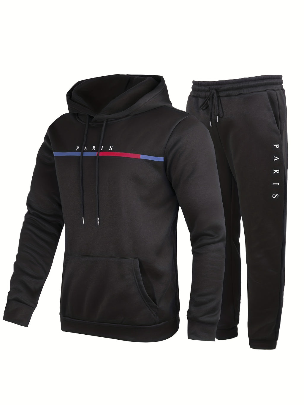 Paris Print, Men's 2Pcs Outfits, Casual Hoodies Long Sleeve Pullover Hooded Sweatshirt And Sweatpants Joggers Set For Spring Fall, Men's Clothing