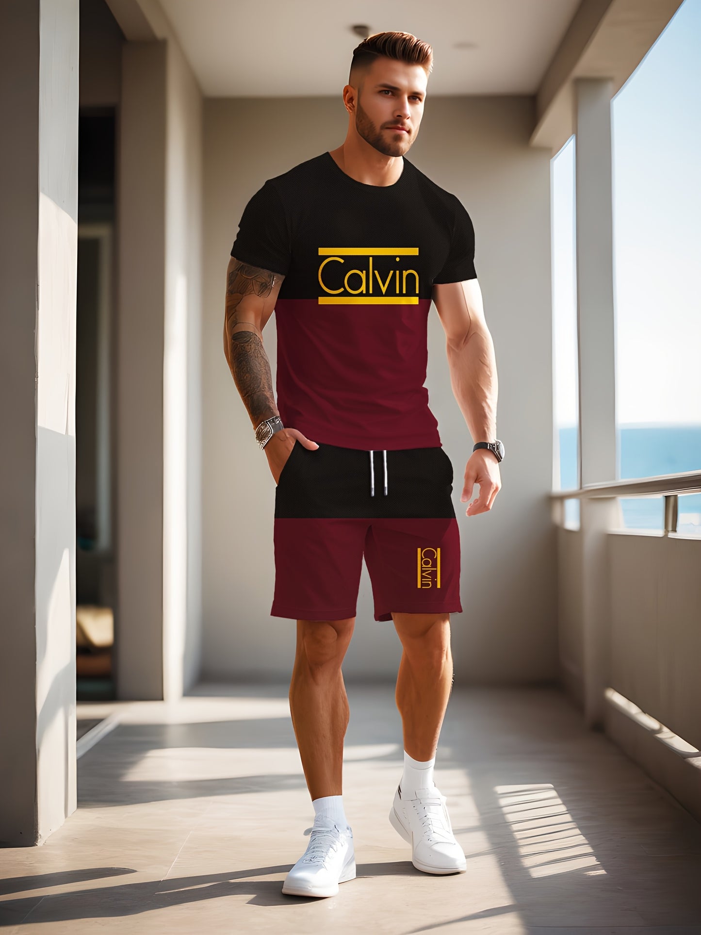Men'S Casual Street Style 3D Quick-Dry Crew Neck Short Sleeve T-Shirt & Beach Shorts Set - Vibrant Pink with "Calvin" Letter Print, Lightweight Summer Outfit for Casual Attire, Beach Attire|Vibrant Print Tee|Lightweight Fabri