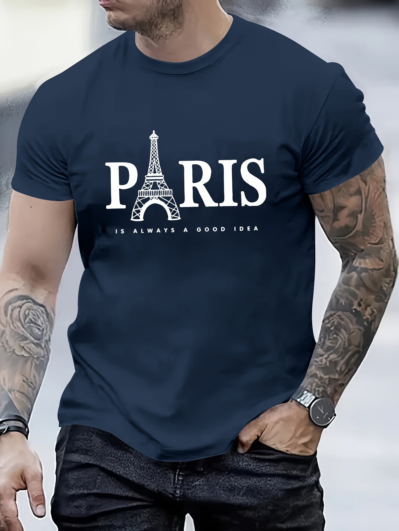 Paris Tower Printed Men's Casual Trendy Fashion Crew Neck T-shirt